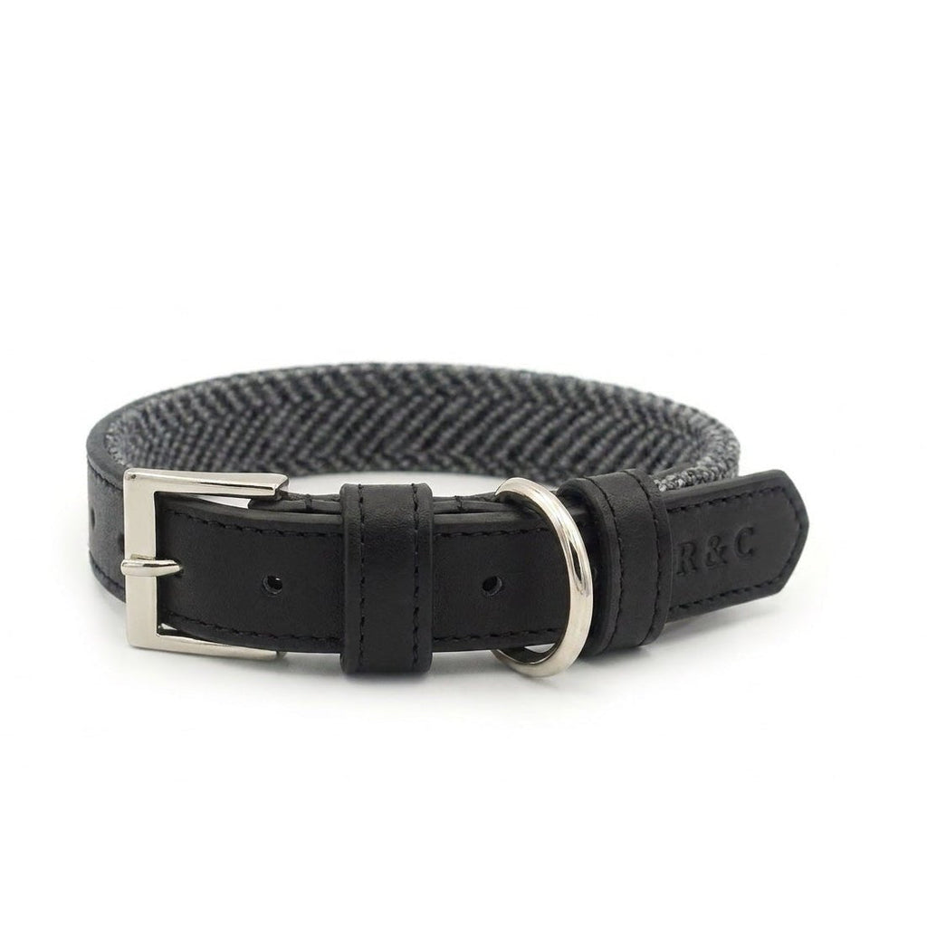 The Balmoral Luxury Grey Herringbone & Leather Dog Collar