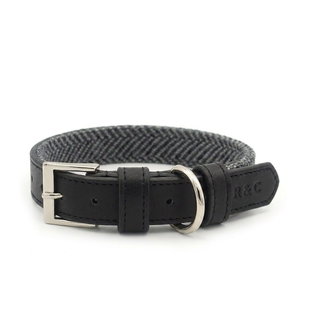 The Balmoral Luxury Grey Herringbone & Leather Dog Collar